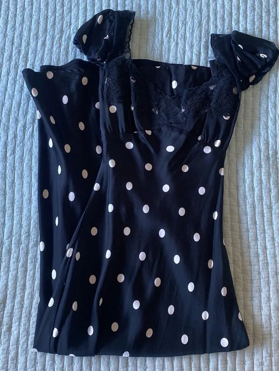 Vici Women’s Black Polka Dot Slip Dress with Lace Trim and Keyhole Back - Picture 3 of 6